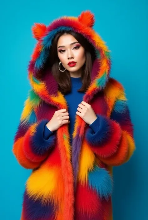 Beautiful woman in a colorful fur coat with a hood with ears posing on a blue background, a colorful fur jacket with vibrant colors, a fashion photography portrait with a symmetrical composition, a studio portrait showing a fashionable pose, a high resolut...