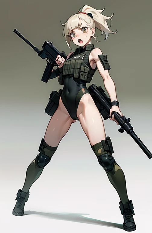 Ten_years_old girl, freckled skin, body freckles, fighting, angry scream, holding gun, ((tactic high cut leotard)), hunder View, tactic stockings, ((pale skin)) ponytail hair, team, soldier girl, ((standing)) front pose, ((fullbody)) sleveless, shoulderles...