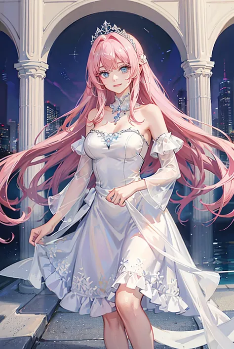 Beautiful,long pink hair, light blue eyes, (wear a white strapless silk dress)smiling, standing 