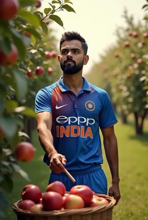 Generate a image of Virat Kohli in an apple garden, wearing the India , as he picks an apple from the apple bucket 