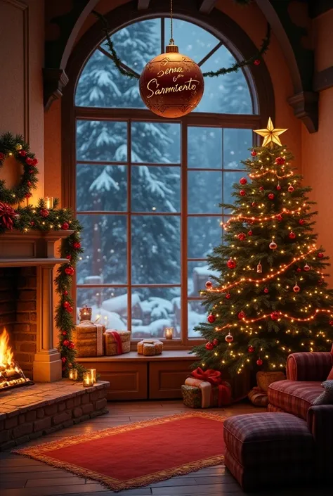 Create Christmas wallpaper with a fireplace and a Christmas tree next to a window and a large Christmas sphere that in the center says Serna Sarmiento family 