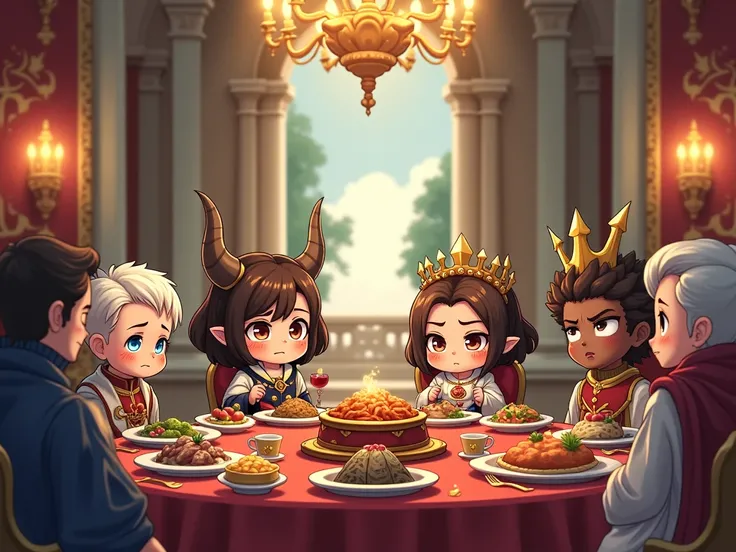 The wicked king and the brown-haired queen chibi are eating goat goulash at the dinner table with other royals in a very grand dining room and the queen looks sad  