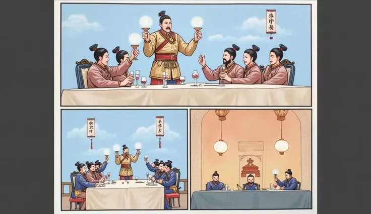 The Three Kingdoms period in ancient China，Lantern Festival，一座府邸中，A general stood in the middle， raising wine glasses and shouting ， is surrounded by tables ， sitting in the chair the Imperial Forest Army ， and suddenly I heard someone shouting for a fire