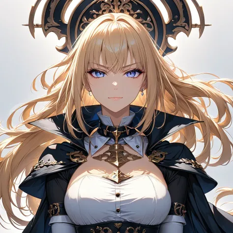 masterpiece,(1woman anime style solo),blonde hair,realistic contoured face,sharp face,sharp cheek,ponytail,glare,smile,closed mouth,(knight),detachable collar,cloak with a stand-up collar,collared neckwear,stand and collar wear,cape,arm sleeve,white gloves...