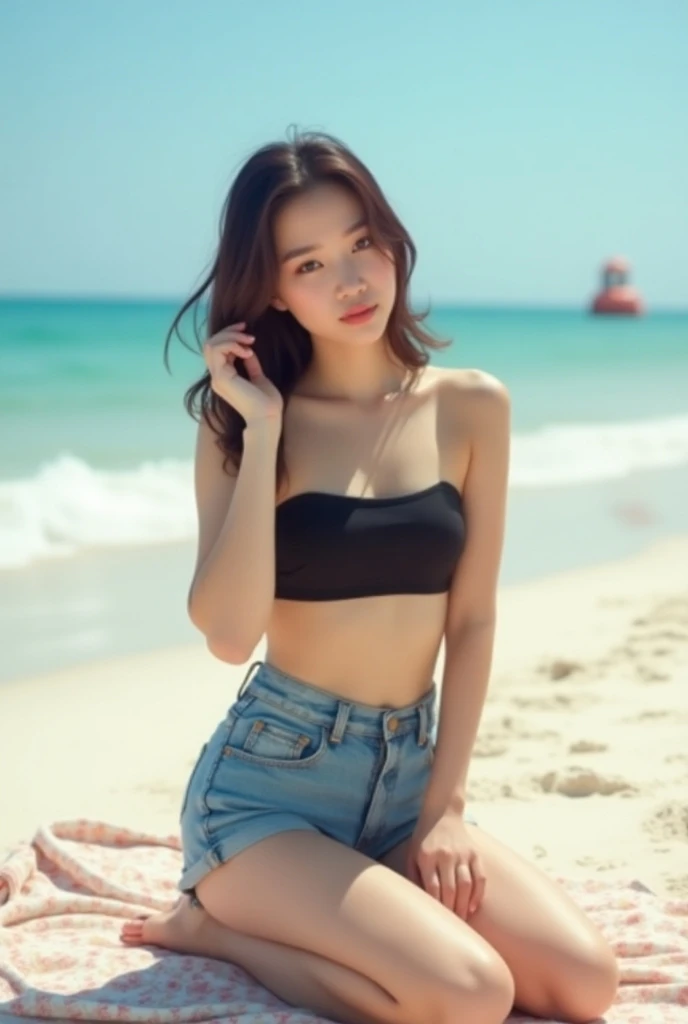 The image is lit by bright natural sunlight, creating a clear and vibrant atmosphere typical of a sunny day at the beach. The model china woman is kneeling on a beach towel, with one hand adjusting her hair and the other resting on her knee. Her posture is...