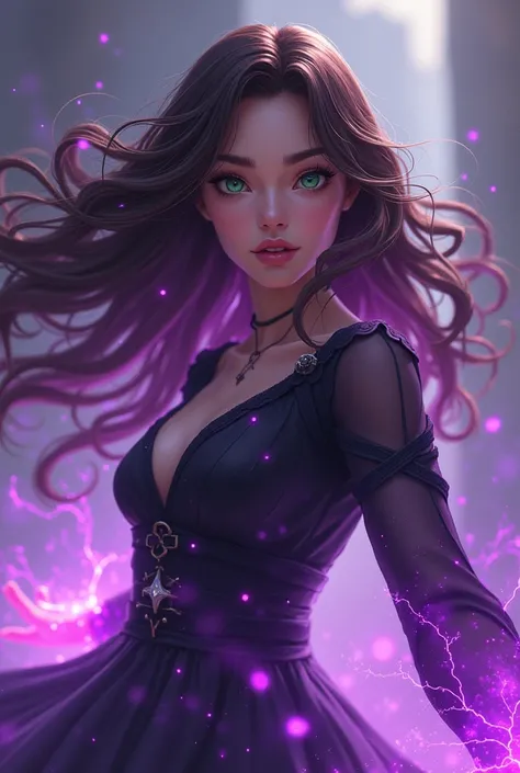  Female character who has universal powers,  you have long dark brown hair ,  green-eyed, seu corpo é midsize, your face is round , Wear dark clothes.  The color of your powers is deep purple and intense .  When you use your powers your hair floats and bec...