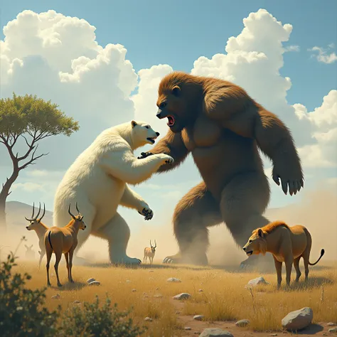 A polar bear fight a bigfoot, watched by many animals, savannah background