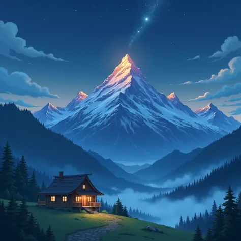 CREATE A LANDSCAPE WITH MOUNTAINS ,  TO HEAVEN ANIME STYLE AT NIGHT.  with a wooden house  