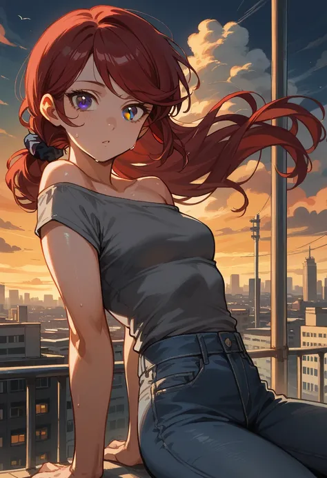 (masterpiece, best quality), 1girl, stoic, head tilt, beautiful face, ((Gray eyes, Dark red hair, swept bangs)), low twin tails, hair scrunchie, strapless gray shirt, jeans, small breasts, toned arms, dusk, on top of building, dusk, clouds, city in backgro...