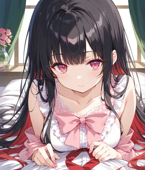 source_Cartoon, Morning Fragrance  ,    deep black hair with red .. Long Hair, , extra long hair,  Pink Eyes , ribbon, ribbon,  Gamemun Neko ,,  1 girl in , A brown , Ahead, 頭髮ribbon, common, long hair,  Black and Red Hair  ,  Pink Eyes , ,  pink nails , 