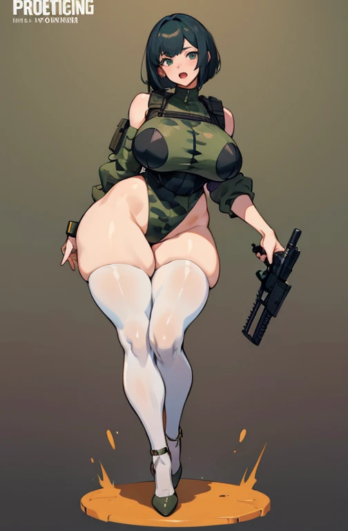 Exited, scream, Open mouth, young girl, Pullover, whole body to see, (( very wide hips)), (((colossal Thighs, gigantic thighs, very huge thighs, very big thighs))), fullbody, very Big breast, , firm breast, Bob cut hair, military camouflage, soldier girl, ...