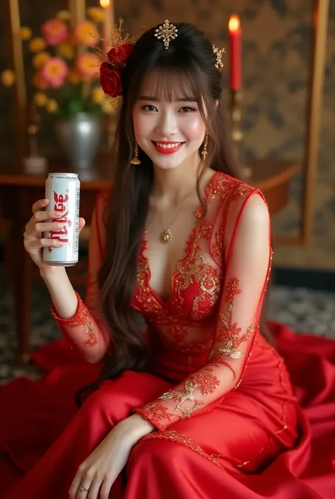 A beautiful Japanese queen, idol, 26-30 years old, with ancient Thailand oriental charm, dressed in a luxurious red and gold phoenix-embroidered wedding dress, sits elegantly with a frontal posture, holding a can "PARDEE" “MINERAL WATER” in right hand. The...