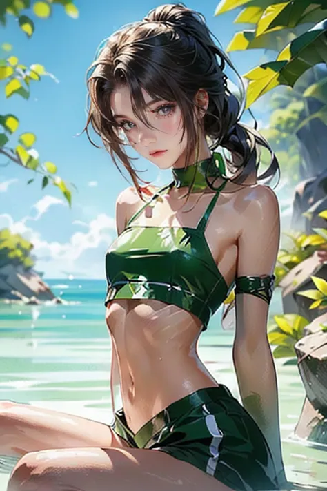 a young Asian woman is seated on a rocky beach, wearing a green cap adorned with the word "SEXY" in white letters. Her hair is pulled back in a ponytail, adding a touch of color to her face. The womans eyes are closed, as if she is looking down at somethin...