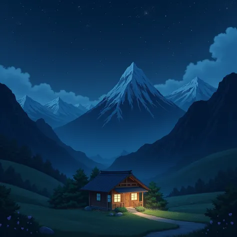 CREATE A LANDSCAPE WITH MOUNTAINS ,  TO HEAVEN ANIME STYLE AT NIGHT. With a wooden house an album by Lofi 