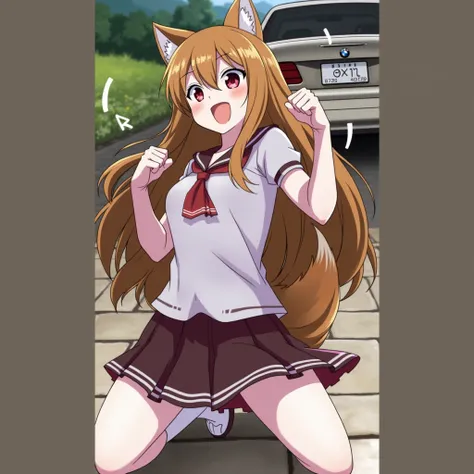 holo, horo, red eyes, fox light brown ears with white fur inside, fluffy fox tail, long light brown hair, bang, score_9, score_8_вверх, score_7_вверх, score_6_вверх, score_5_вверх, score_4_вверх, source anime, РАЗБИТЬ, olohpnxl, бегать, 1девушка, девушка-в...