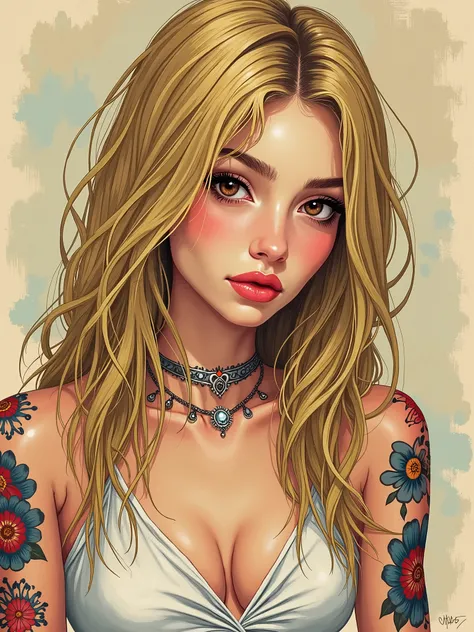 Draw a stunning love goddess, age 20. Blonde straight hair. 44d round natural perky breasts. in a style that blends surrealism, expressionism, and naive art, capturing both the simplicity and complexity of abstract human emotions and interactions in an alm...