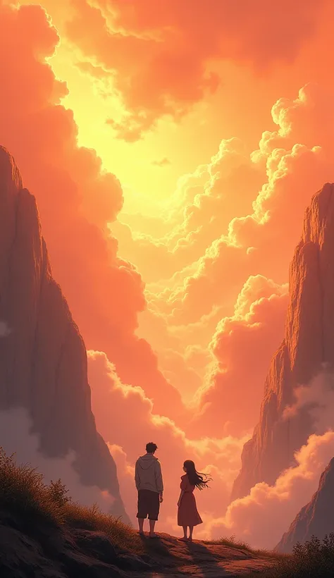 CREATE A LANDSCAPE WITH MOUNTAINS ,  TO HEAVEN ORANGE ANIME STYLE, with many clouds, with two people talking 