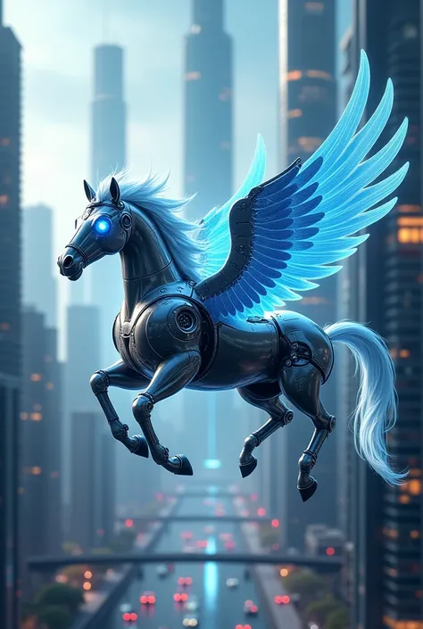  A technological Pegasus in a technological world with many transparent displays，Blue sense of technology  ， technology transparent ，Business