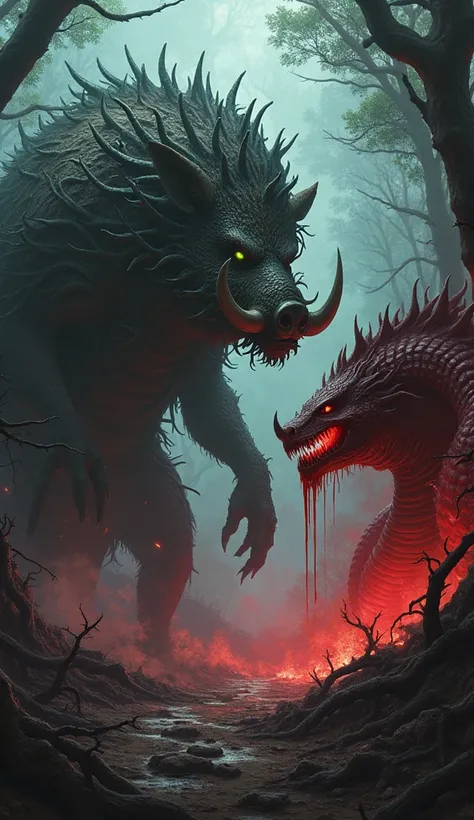 "Create an image featuring a Brambletusk and a Bloodspine facing each other in a fierce, enraged confrontation. The Brambletusk is a massive beast resembling a wild boar covered in thick, thorny vines and spiked bark armor, with eyes glowing green and tusk...