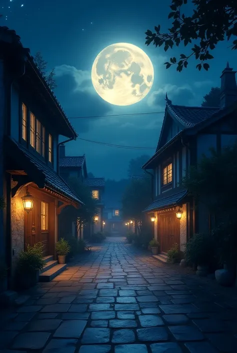 Beautiful and bright moonlit night scenery 、 brightly illuminates the street at night、 Hi-Res, accurate, 最 High Quality ,  focus from high detail ,  High Quality ,  very detailed,  Ultra High Definition, 