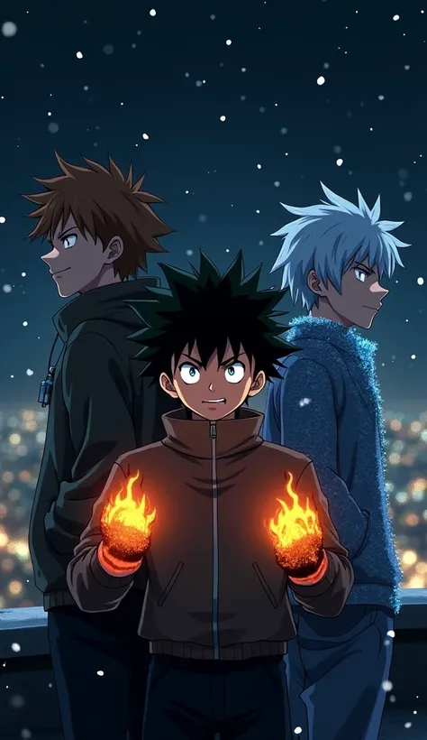 ((Izuku Midoriya, Katsuki Bakugo, and Shoto Todoroki)) are standing together on a darkened rooftop at night, their faces illuminated by distant city lights. ((Deku’s face)) shows fierce determination, with deep shadows emphasizing his (intense eyes) and th...