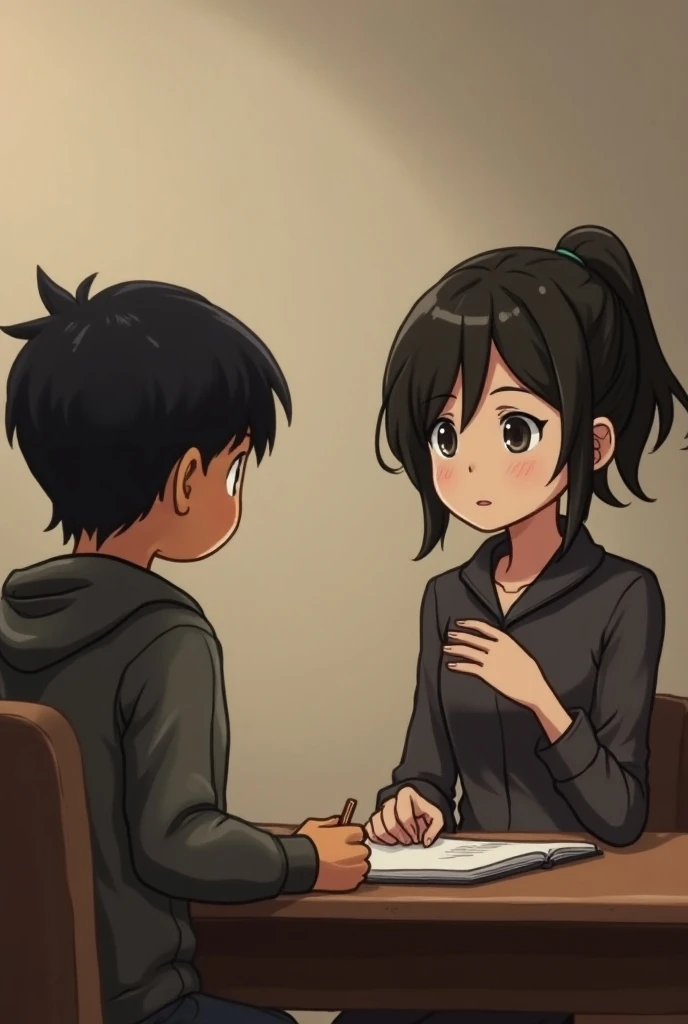 Visual Prompt: Riya, a girl with dark hair tied in a ponytail, leans forward in curiosity, asking Aman. She’s sitting at a wooden desk, holding a notebook. Aman is looking at her, with a neutral yet thoughtful expression, sitting across from her.

