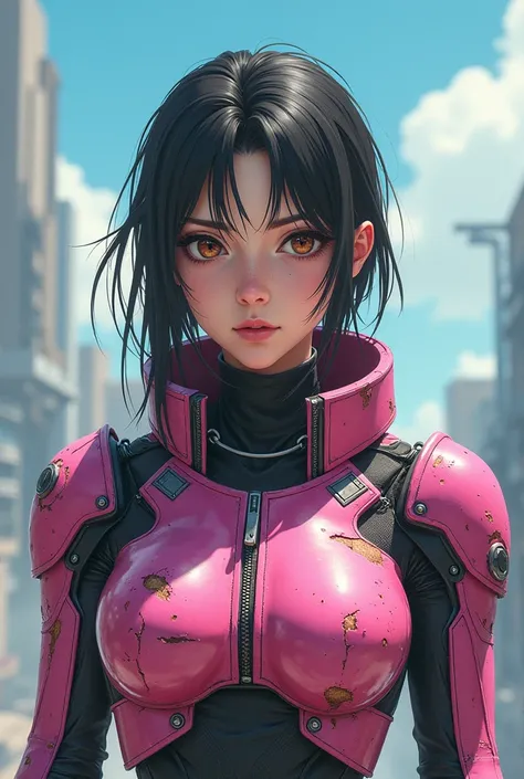 Cyberpunk female warrior in a futuristic armored suit, vibrant pink color scheme with visible wear and tear, scratches, and dents, showing signs of battle. The suits sleek and polished metallic finish is partially worn down, with exposed mechanical element...