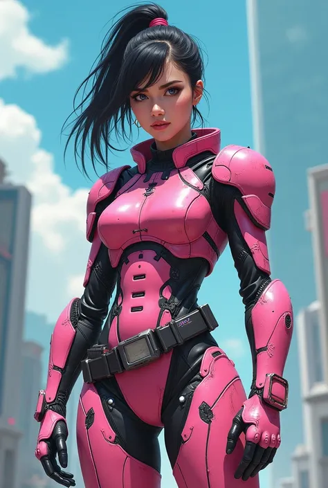 Cyberpunk female warrior in a futuristic armored suit, vibrant pink color scheme with visible wear and tear, scratches, and dents, showing signs of battle. The suits sleek and polished metallic finish is partially worn down, with exposed mechanical element...