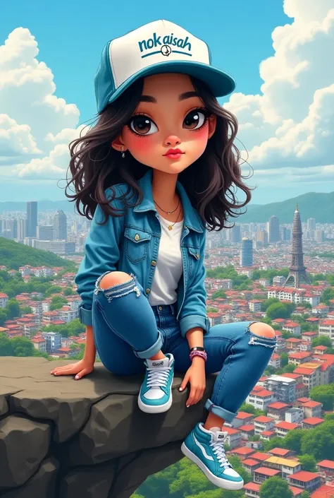 full HD 8k quality caricature realistic image of a big-headed character, a Indonesian woman, wearing a light blue and white snapback hat with the "Nok Aisah" logo, a denim jacket with a white t-shirt, torn patterned Levis jeans and light blue and white Jor...