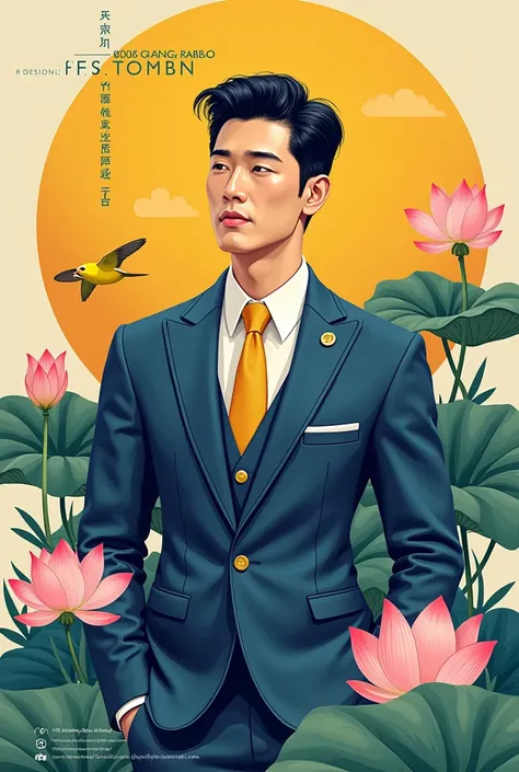 Draw the emblem of Ubon Ratchathani University as a Korean-style handsome man, with funny habits, maintaining his yellow and blue identity, with lotus flowers and a plus of Isan culture.