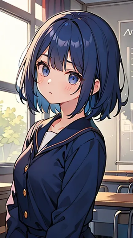 ((  A girl with navy blue hair and dark eyes)),(( Im wearing teacher clothes  )),bangs,  between heads    