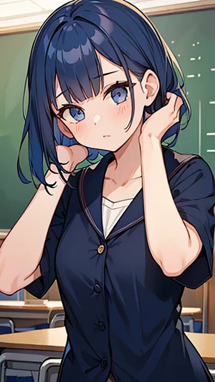 ((  A girl with navy blue hair and dark eyes)),(( Im wearing teacher clothes  )),bangs,  between heads    