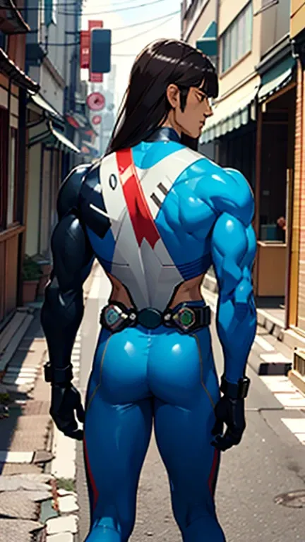 Back Alley,  Japanese with a Cool and Handsome Face ,beautiful young twink ,  shiny Kamen Rider suit , 18 years old,  toned and muscular , Tall, Long Hair, Long bangs