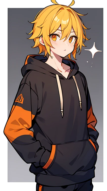 (( A man with yellow hair and orange eyes)),((Im wearing a hoodie )),bangs, hair between my eyes 