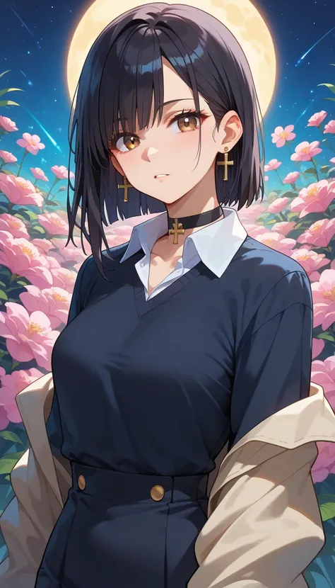 A stylish anime girl with long, straight black hair and soft brown eyes, dressed in a black sweater over a white collared shirt with silver buttons. She has a black choker and small cross earrings, with her hair partly covering one eye. She looks directly ...