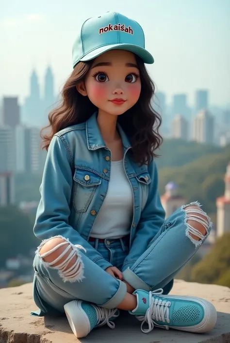 Photograhy realistic caricature 3D a Indonesian woman, wearing a light blue and white snapback hat with the "Nok Aisah" logo, a denim jacket with a white t-shirt, torn patterned Levis jeans and light blue and white Jordan shoes, sitting on a rock on the ed...