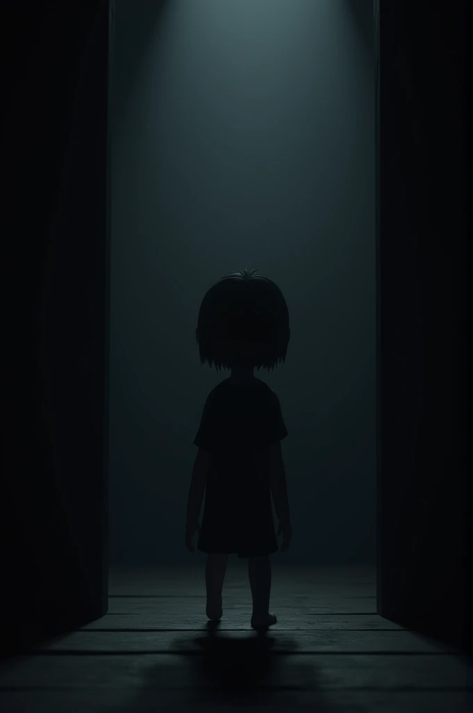 "A 3D animated scene of complete darkness, with only a faint, eerie glow coming from the edges of the screen. The room is pitch black, and a subtle sound of Mias voice whispers from the void: Mommy... she wants to play with us. The voice is soft but chilli...