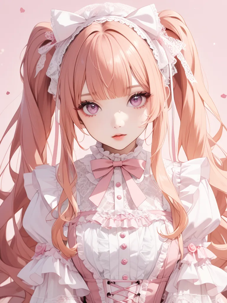 a beautiful girl with long blonde hair, twin tails and a ribbon on her head. she is wearing a pink　and　white　gothic lolita outfi...