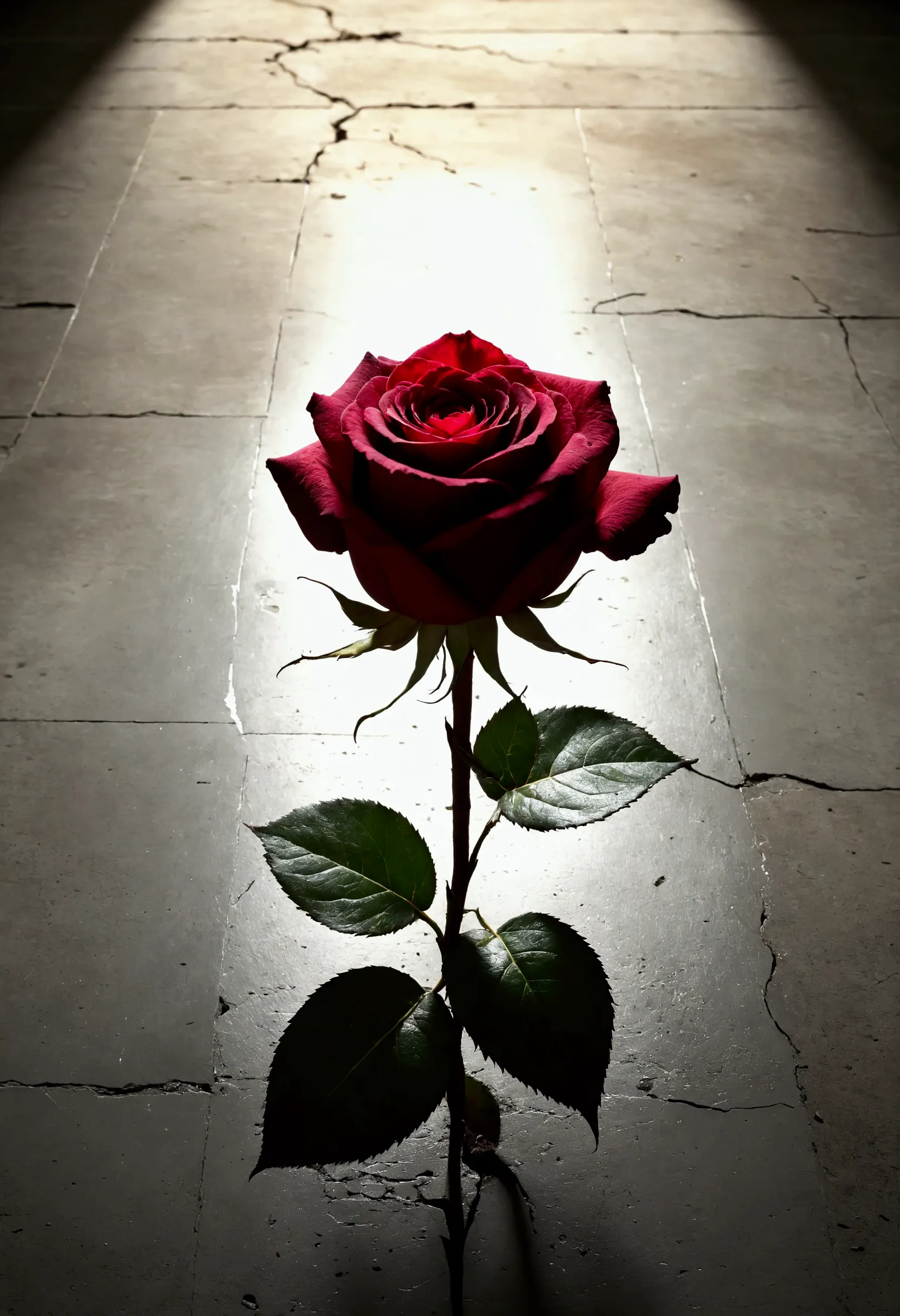 in the darkness. (solo:1.3),1rose\(tattered,withered,scattered,faded, discarded, on the tattered concrete floor\), a beautiful l...