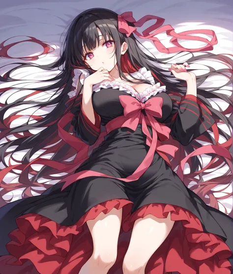 source_Cartoon, Morning Fragrance  ,    deep black hair with red .. Long Hair, , extra long hair,  Pink Eyes , ribbon, ribbon,  Gamemun Neko ,,  1 girl in , A brown , Ahead, 頭髮ribbon, common, long hair,  Black and Red Hair  ,  Pink Eyes , ,  pink nails , 