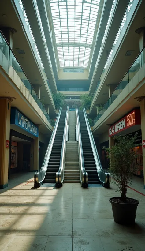 A large, empty shopping mall atrium where all the stores are closed and dark. Dusty, outdated signage hangs on the walls, and a few artificial plants sit in cracked planters. Escalators are frozen in place, and faint daylight filters in through skylights a...