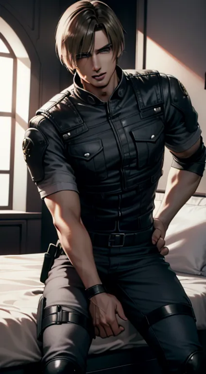 (Highly detailed CG), ( best quality), (Highly detailed CG), ( best quality), (Leon S. Kennedy), (Overall view) SWAT Clothing, Beautiful and attractive young man, Lean and muscular