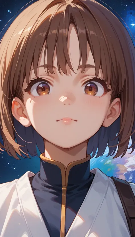 Close up, portrait anime girl, solo, short hairs, anime style eyes of high detailed, brown color eyes, add extra light on face to highlights face features, space background, ultra high quality, best quality, sharp detials,
