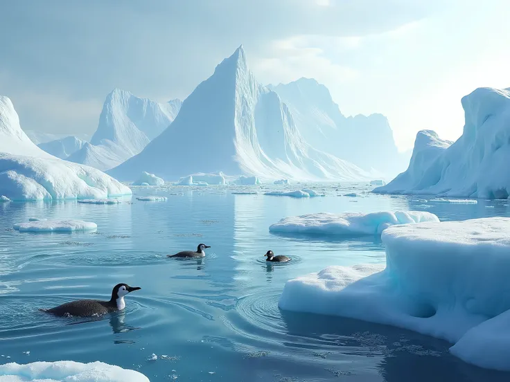 Antarctic glaciers，Ice floes，远处Ice floes和水里有企鹅