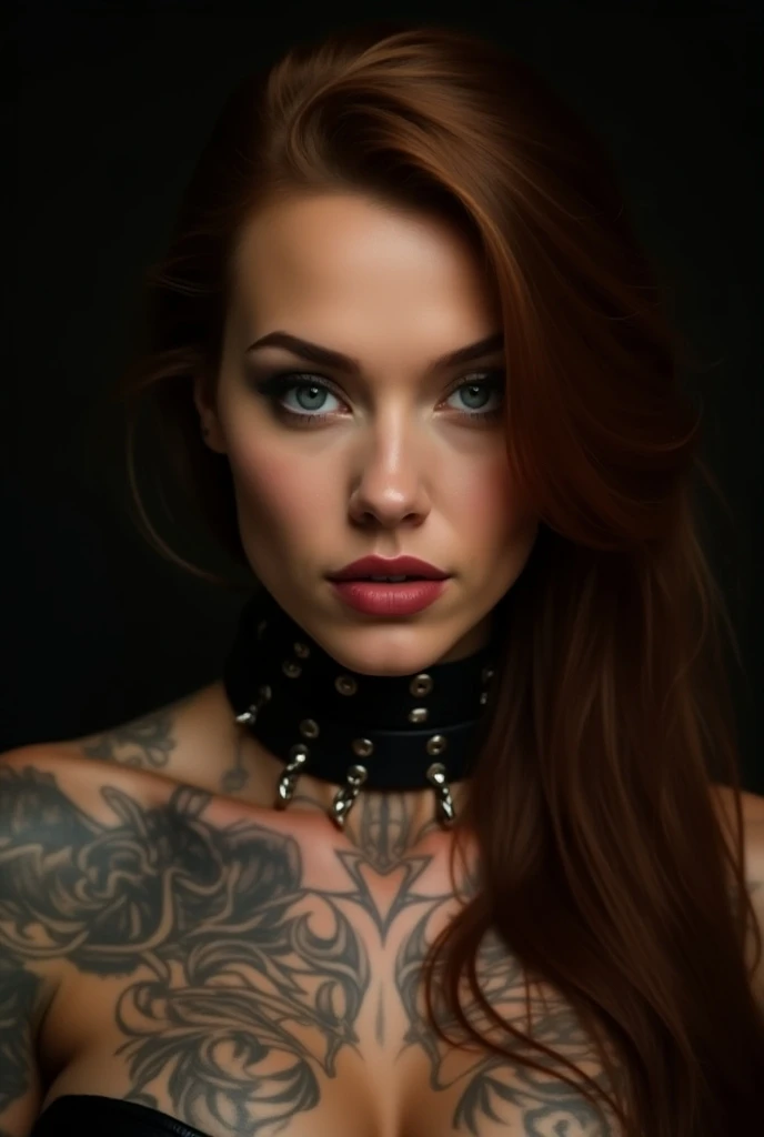 Portrait of a tattooed woman with a piercing gaze. Long chestnut hair frames an expressive face with clearly defined eyebrows and full lips. The skin is smooth with a warm tone. The body is adorned with numerous tattoos, particularly noticeable on the arms...