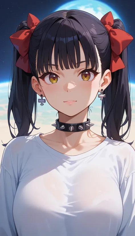 An anime girl with shoulder-length black hair styled in twin tails, wearing a fitted black sweater and a white shirt underneath, with a red bow at the collar. She has warm brown eyes and a studded choker, along with spiked earrings that add a touch of atti...