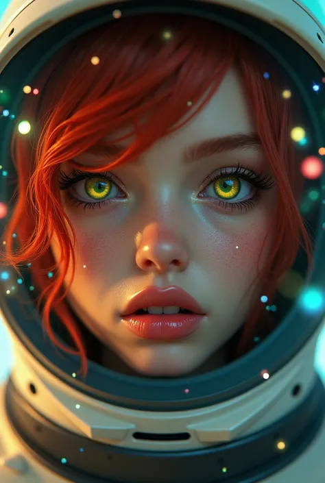 ( Close-up of a better masterpiece: 1.5) 0.9], (montanhas and monge: 1.2) (Disheveled red hair: 1.1) ( Heterochromia xanthochromia and green eyes: 1.2) (space helmet: 1.0) ( colorful stars in the eyes : 1.0) (A radiant glow: 1.1) (thick lips: 1.2)