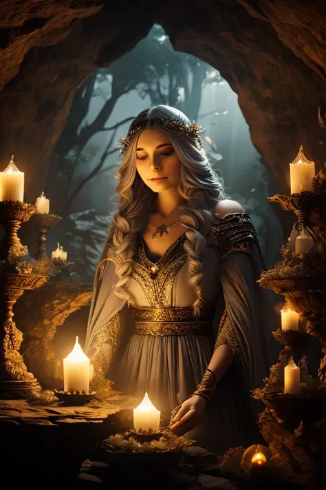 a beautiful, ethereal female seer, holding a crystal ball and gazing into the future, in a serene, dimly lit cave, crystal ball reflecting stars and fantastical landscapes, highly detailed, realistic, fantasy, magical, cinematic lighting, intricate details...