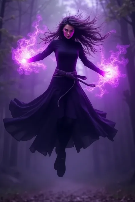 Create a floating female character while using and using her powers, your hair floats and becomes intense purple ,  your eyes turn purple and your facial expression becomes angry . She wears dark clothes and the color of her powers is purple .