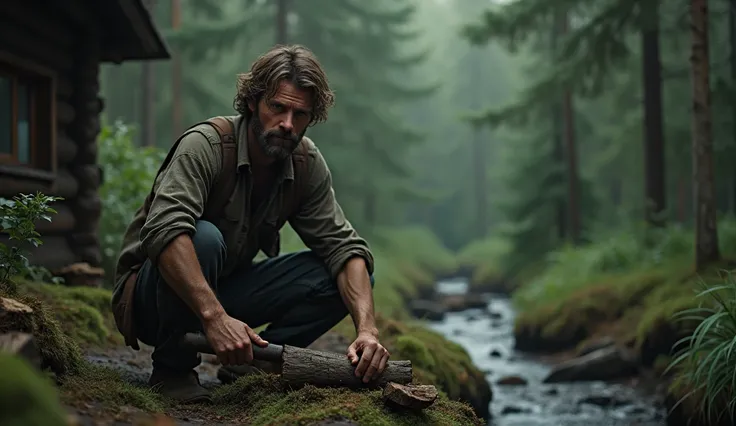 One year later, David is seen in a remote cabin deep in a dense forest, living in isolation. He has grown a short beard, his brown hair slightly longer, and his clothes are worn and rough, blending with the natural surroundings. The cabin is small and rust...